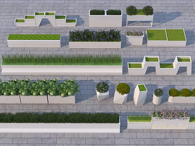 White Planters and Flower Boxes with Various Shapes Sizes Growing Green Plants Vegetables on Gray Ground 3d model