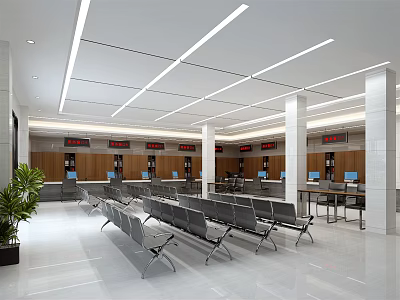 Administrative Service Hall With Spacious Interior Waiting Chairs And Service Counters 3d model