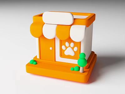 Cute Orange And White Pet Shop Model With Paw Print And Small Green Trees 3d model