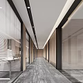 Modern Office Corridor With Glass Partitions Wooden Accents And Carpeted Flooring