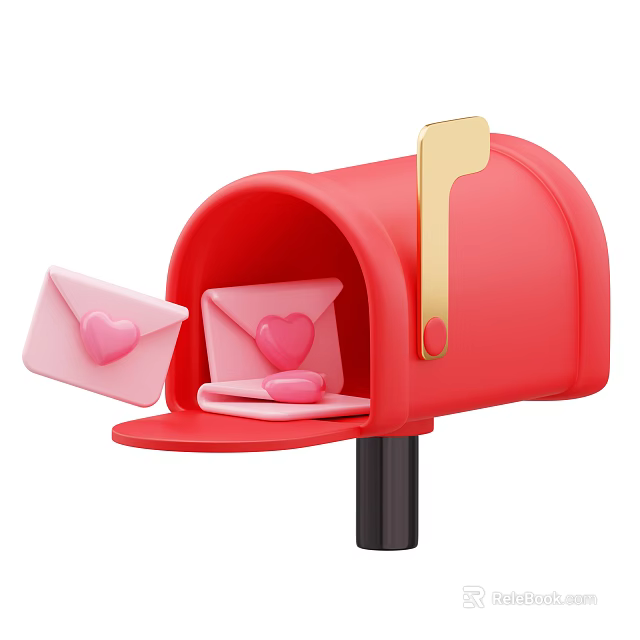 Red Open Mailbox On Black Post With Pink Envelopes And Heart Design 3d model 