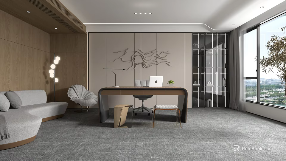 Modern Office Interior With Open Design Wooden Walls Gray Carpet Desk Computer And Leisure Sofa 3d model 