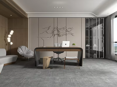 Modern Office Interior With Open Design Wooden Walls Gray Carpet Desk Computer And Leisure Sofa 3d model