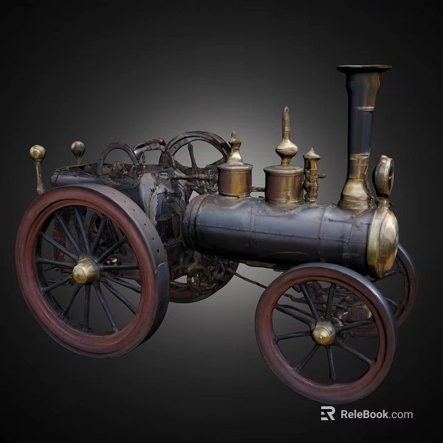 Vintage Steam Powered Car With Large Wheels Black Body And Brass Components 3d model 