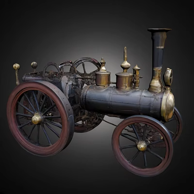 Vintage Steam Powered Car With Large Wheels Black Body And Brass Components 3d model