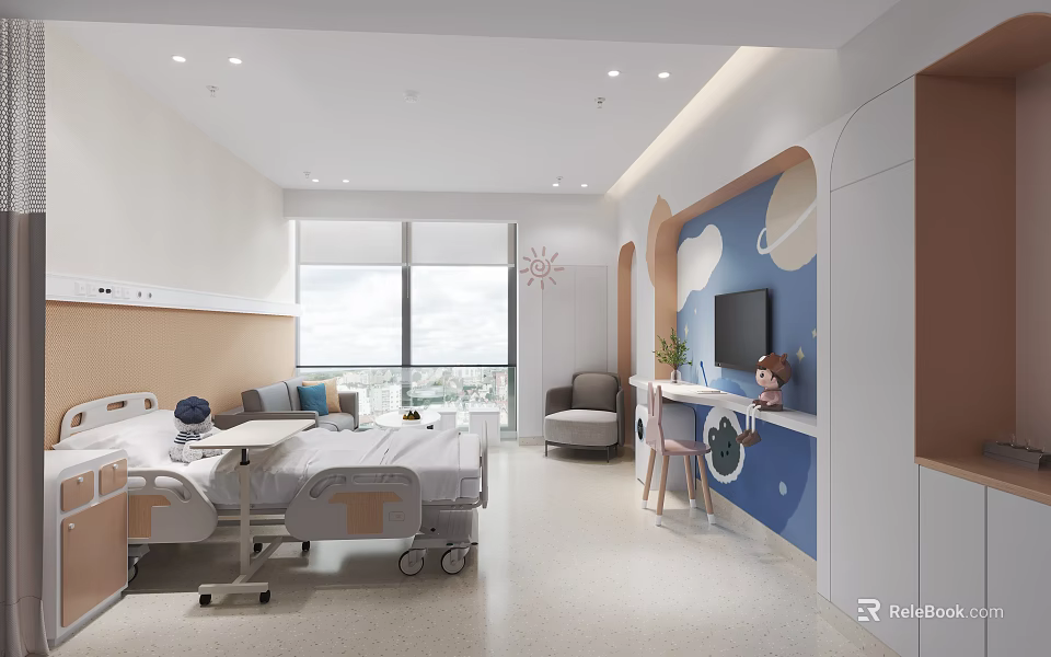 Hospital Outpatient Pediatric Ward With Cartoon Wall And Medical Bed 3d model 