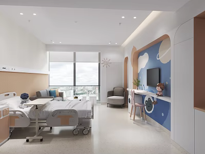 Hospital Outpatient Pediatric Ward With Cartoon Wall And Medical Bed 3d model