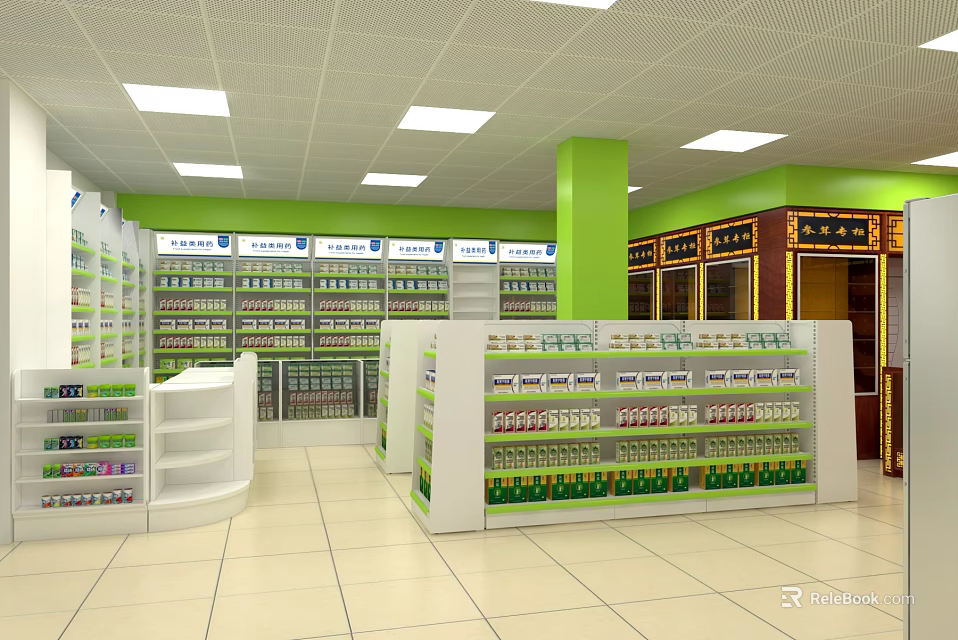 Pharmacy Store Interior With Well Organized Shelves And Various Medicines 3d model 