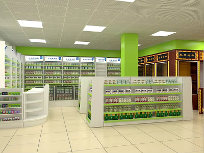 Pharmacy Store Interior With Well Organized Shelves And Various Medicines 3d model