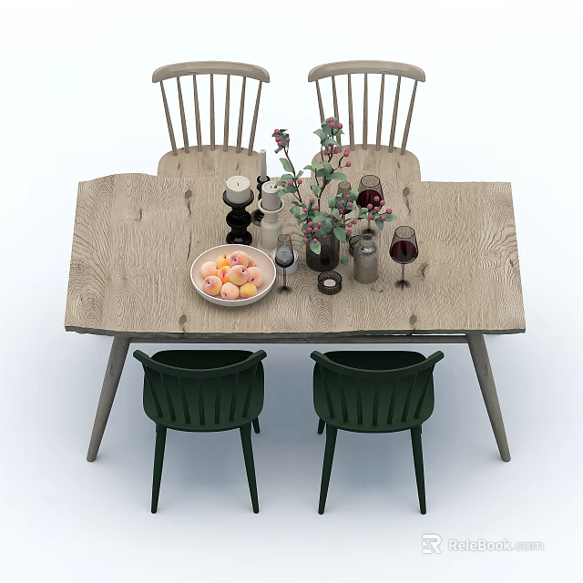 Wooden Dining Table Set with Green Chairs Fruit Plate Vase and Wine Glasses 3d model 