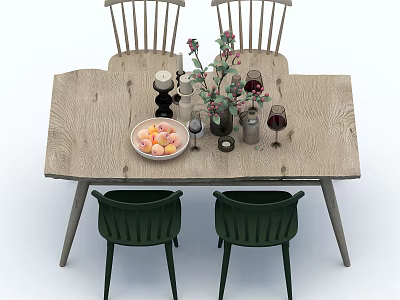 Wooden Dining Table Set with Green Chairs Fruit Plate Vase and Wine Glasses 3d model