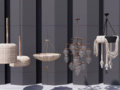 Different Designed Chandeliers with Woven and Glass Materials Against Grey Walls and Columns 3d model