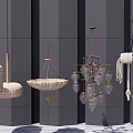 Different Designed Chandeliers with Woven and Glass Materials Against Grey Walls and Columns