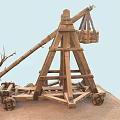 Ancient Wooden Catapult War Weapon With Wheels And Stone Projectiles For Medieval Battles