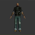 Bald Bearded Male Character Wearing Black Leather Vest Ripped Jeans Yellow Shoes And Tattooed Arms