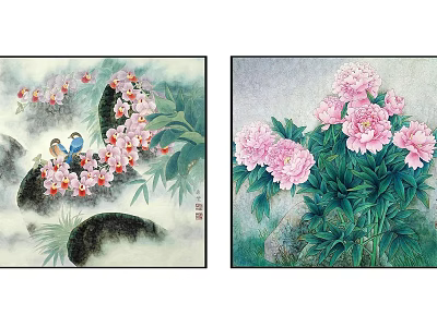 Vibrant Botanical Paintings With Pink Peonies Green Leaves Birds and Stones 3d model