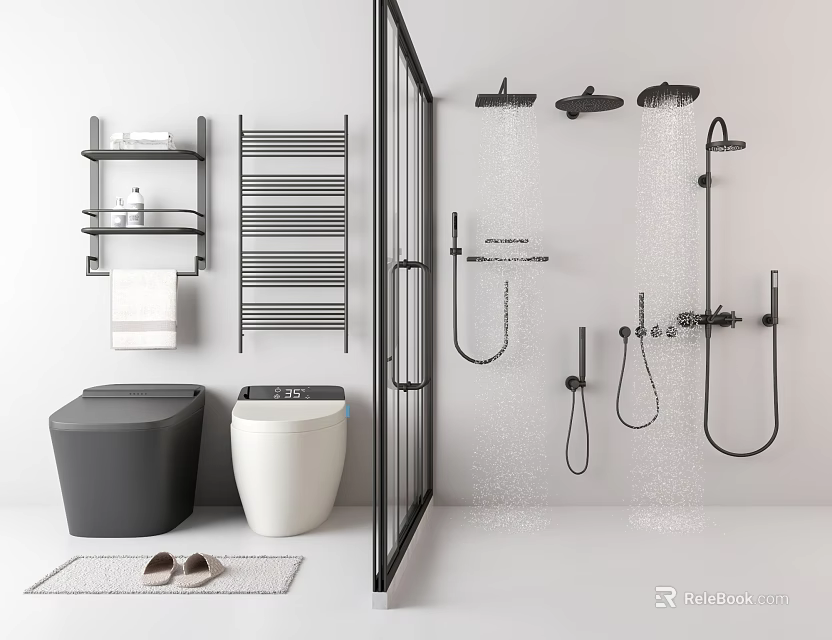 Modern Bathroom Set With Toilets Shower System Towel Rack Shelf Slippers And Mat 3d model 