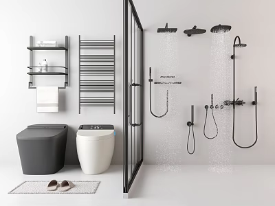 Modern Bathroom Set With Toilets Shower System Towel Rack Shelf Slippers And Mat 3d model