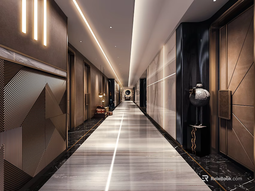 Luxurious Modern KTV Hallway Design With Shiny Marble Floor Recessed Lighting And Stylish Wall Panels 3d model 