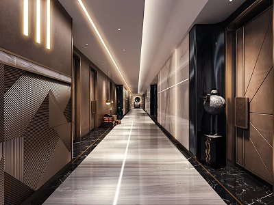 Luxurious Modern KTV Hallway Design With Shiny Marble Floor Recessed Lighting And Stylish Wall Panels 3d model