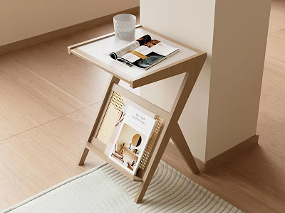 Wooden Side Table with Minimalist X Shaped Frame Cup and Magazines on Top Lower Shelf 3d model