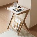 Wooden Side Table with Minimalist X Shaped Frame Cup and Magazines on Top Lower Shelf