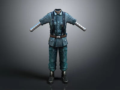 Blue Military Style Uniform Costume With Suspenders Leather Belt Metallic Sleeves And Boots 3d model