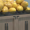Supermarket Fresh Fruits Display With Wooden Crate Stand Ripe Yellow Melons and Hanging Price Signs