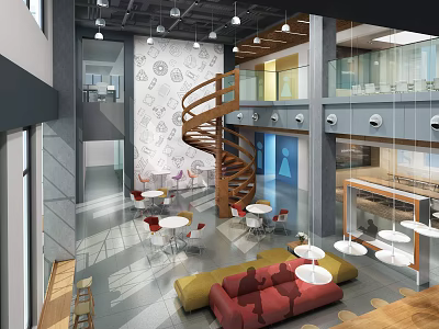 Modern Public Lounge Interior With Spiral Staircase Open Layout Sofas Round Tables And Pendant Lights 3d model