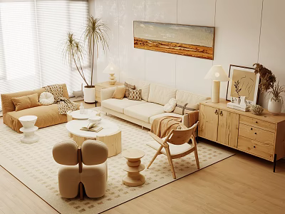Modern Sofa Coffee Table Set With Cozy Rug Wooden Chair Pillows And Wall Painting 3d model