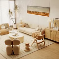 Modern Sofa Coffee Table Set With Cozy Rug Wooden Chair Pillows And Wall Painting