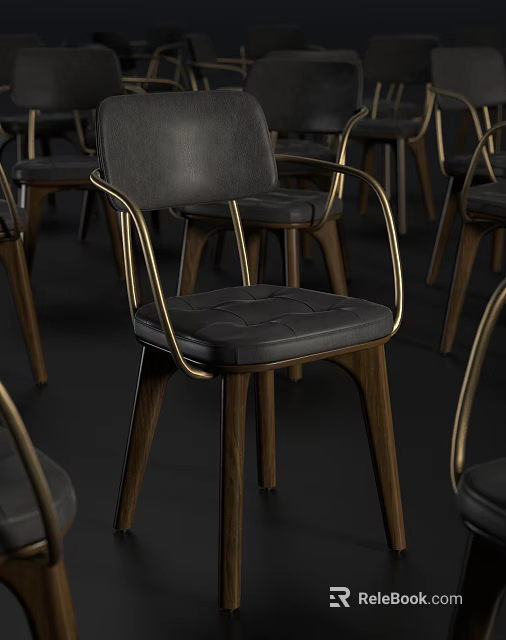 Elegant Black Leather Dining Chairs With Gold Metal Arms And Wooden Legs Design 3d model 