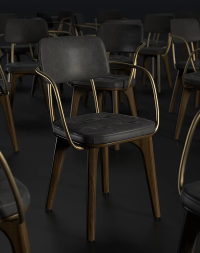 Elegant Black Leather Dining Chairs With Gold Metal Arms And Wooden Legs Design 3d model