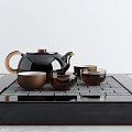 Modern Black Tea Set With Teapot Four Cups And Square Ceramic Tray On Table 3d model