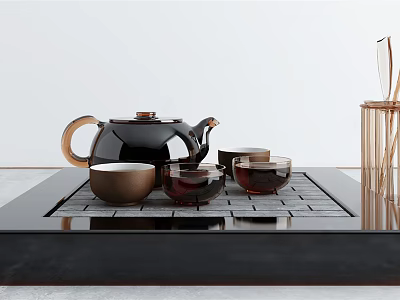 Modern Black Tea Set With Teapot Four Cups And Square Ceramic Tray On Table 3d model
