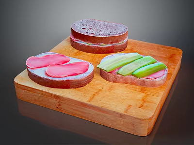 Fresh Sandwich with Sliced Bread Ham and Cucumber on Wooden Cutting Board 3d model