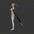 Female Character With White Outfit Golden Details Pink Blue Hair And Black Cape