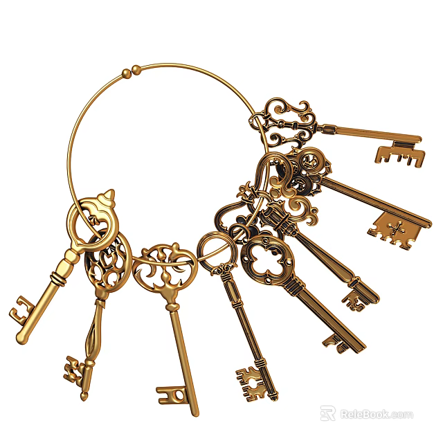 Vintage Golden Skeleton Keys Hanging On Decorative Ring With Ornate Patterns 3d model 