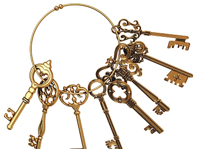 Vintage Golden Skeleton Keys Hanging On Decorative Ring With Ornate Patterns 3d model