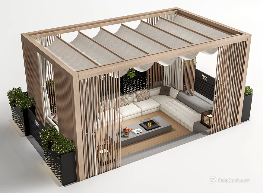Modern Covered Patio Design Featuring Irregular Shaped Sofa Wooden Structure And Green Plants 3d model 