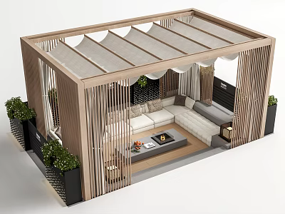 Modern Covered Patio Design Featuring Irregular Shaped Sofa Wooden Structure And Green Plants 3d model
