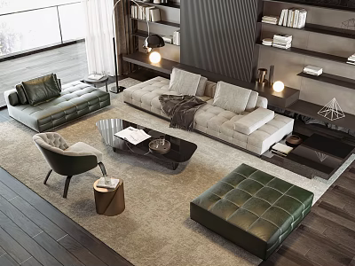 Modern Living Room Interior With Sofa Armchair Coffee Table Rug Floor Lamp And Bookshelves 3d model