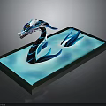 Mythical Blue And White Serpentine Dragon On Shiny Blue Water Like Platform
