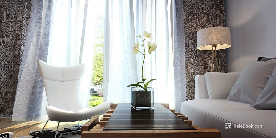 White Sofa Wooden Glass Coffee Table Set With Orchid Plant Floor Lamp Curtains And Green View 3d model 