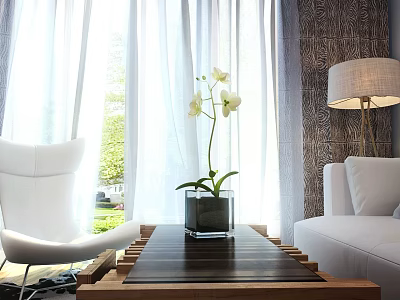 White Sofa Wooden Glass Coffee Table Set With Orchid Plant Floor Lamp Curtains And Green View 3d model
