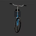 Blue Bicycle with Black Seat Basket and Silver Spokes Wheels on Gray Reflective Surface