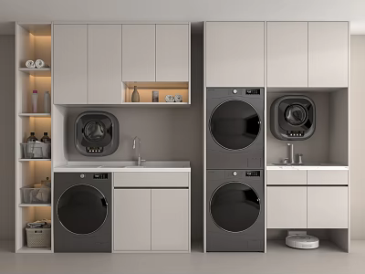 Modern Bathroom Cabinet Rack Interior With Washing Machine Dryer Sink And Storage Shelves 3d model