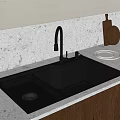Black Double Bowl Kitchen Sink With Modern Faucet On White Stone Countertop And Wooden Cabinets