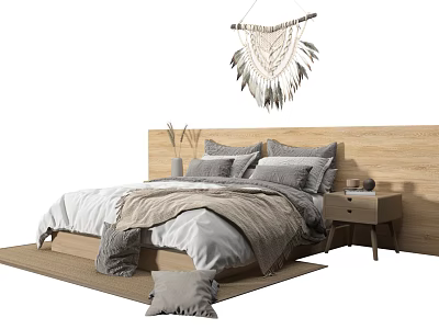 Cozy Double Bed with Wooden Headboard Gray Beige Bedding Nightstand and Macramé Wall Hanging 3d model