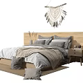 Cozy Double Bed with Wooden Headboard Gray Beige Bedding Nightstand and Macramé Wall Hanging